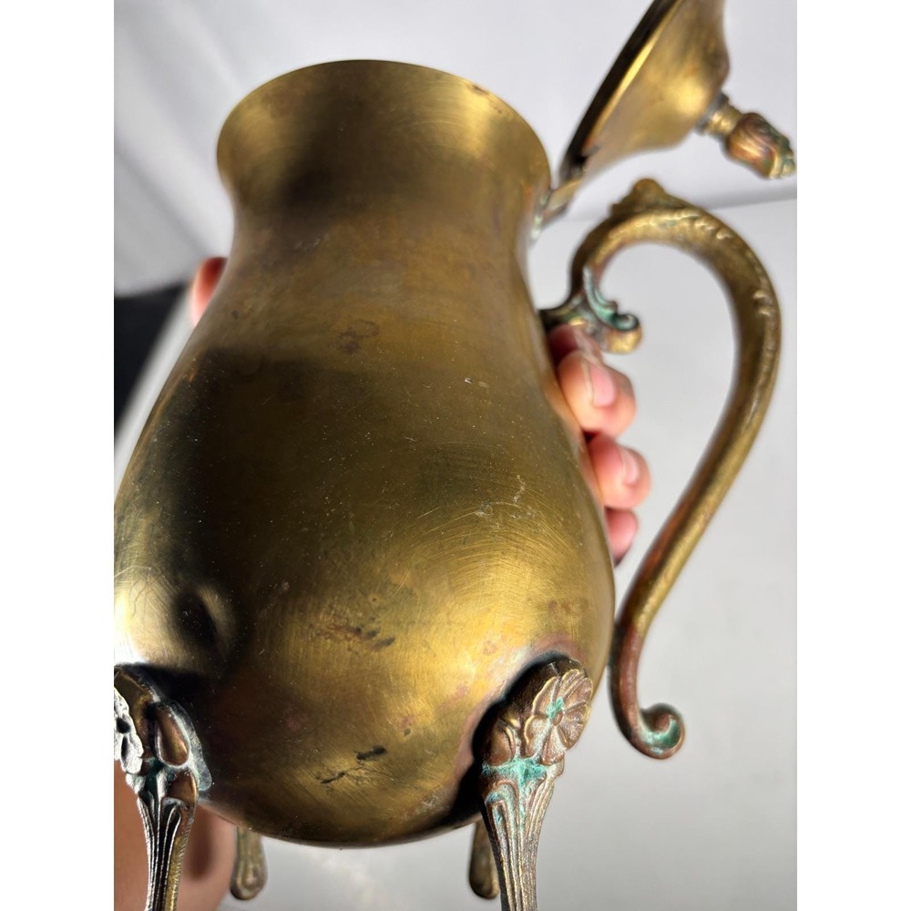 Vintage Brass Coffee Pot Teapot Footed Ornate Hinged Lid Pitcher Decor - Picture 9 of 13